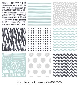 Seamless patterns with hand drawn scribble and spot. Abstract background with brush strokes. Vector texture.