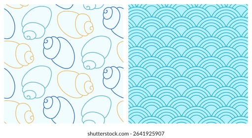 Seamless patterns of hand drawn seashells and Japanese waves on isolated background. Design for summertime celebration, scrap booking, wedding invitation, textile, home decor, nursery decoration.