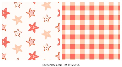 Seamless patterns of hand drawn starfish and gingham on isolated background. Design for summertime celebration, scrap booking, wedding invitation, textile, home decor, nursery decoration. 