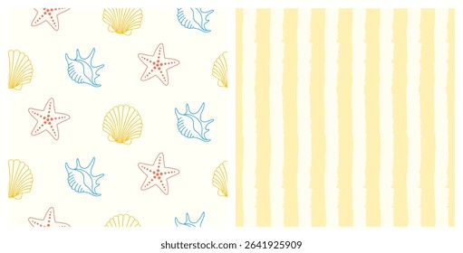 Seamless patterns of hand drawn starfish, sea shells and on isolated background. Design for summertime celebration, scrap booking, wedding invitation, textile, home decor, nursery decoration. 