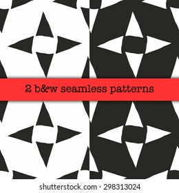 Seamless patterns with hand drawn stars from triangles, black stars has tiny holes in fill