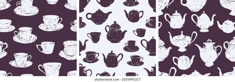 Seamless patterns of hand drawn teacups and teapots silhouettes, background, wallpaper, paper, vector illustration