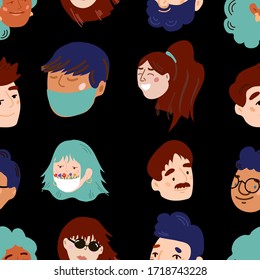 Seamless patterns and hand drawn texture.  Various people faces.Different icons and logos. Modern illustration in vector. 