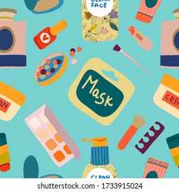 Seamless patterns and hand drawn texture. Body and face care. Beauty routine.  Cartoon style and flat design