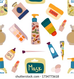 Seamless patterns and hand drawn texture. Body and face care. Beauty routine. Various cosmetics. Cartoon style and flat design. Transparent background 