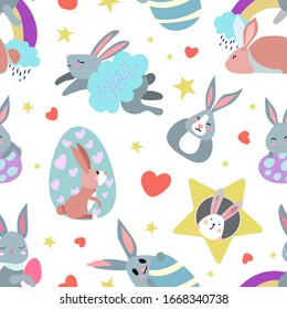 Seamless patterns with hand drawn textures. Different variations of cute little rabbits. Easter theme. Design for poster, card, invitation, placard, brochure, flyer, web.