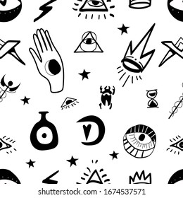 Seamless patterns with hand drawn textures. Occult mystic emblems, graphic design tattoo. Esoteric signs alchemy, decorative style. Transparent background