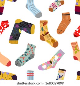 Seamless patterns with hand drawn textures. Stylish cotton and woolen socks with different textures. Flat cartoon vector illustration.Transparent background