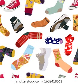 Seamless patterns with hand drawn textures.  Cotton and woolen socks with different textures and stylish sneakers. Flat cartoon vector illustration.Transparent background