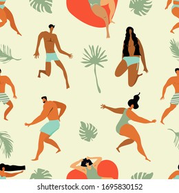 Seamless patterns with hand drawn textures. 
Palm leaves, men and women in different poses on the beach. Summer time. Flat cartoon vector illustration.