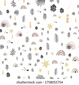Seamless patterns. Hand drawn various shapes and doodle objects. Abstract contemporary modern trendy vector illustration. Stamp texture. Rainbow, leaves, palm, stars, dots, doodles