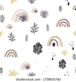 Seamless patterns. Hand drawn various shapes and doodle objects. Abstract contemporary modern trendy vector illustration. Stamp texture. Rainbow, leaves, palm, stars, dots, doodles