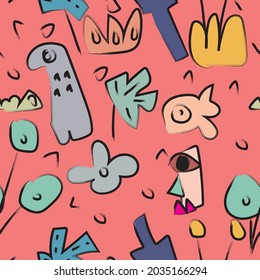 Seamless patterns. Hand drawn various shapes and doodle objects. Abstract contemporary modern trendy vector illustration. Stamp texture. Every pattern is isolated
Kids fashion and textile pattern