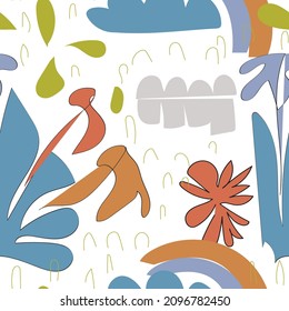 Seamless patterns. Hand drawn various shapes and doodle objects. Abstract contemporary modern trendy vector illustration. Stamp texture. Every pattern is isolated
