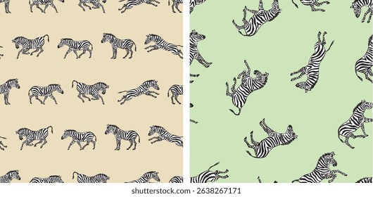 Seamless patterns of hand drawn zebras jumping, running, walking, side view, vector backgrounds, paper, wallpaper, fabric 