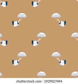 Seamless patterns. Hand with a tray isolated on brown background. Vector illustration.