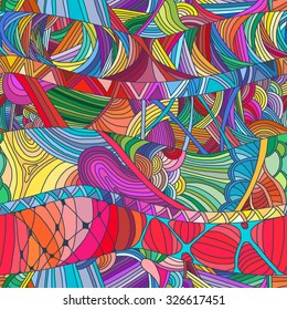 Seamless patterns with hand-drawn doodle waves and lines. Vector illustration in bright colors.