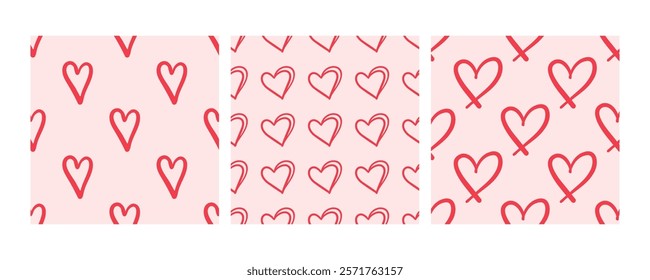 Seamless patterns with hand-drawn red hearts on pink background