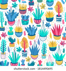 Seamless patterns with hanging pots and doodle hand drawn plants on white background. Colorful home olants decor pink, yellow, blue. Bright modern colors.  Sussulents, grass, leaves, cacti in pots.