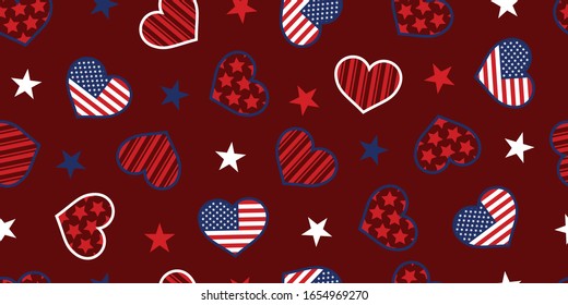 Patrones impecables con Heart American y Stars on Red fondo, Patrón con símbolos de la bandera de Estados Unidos. Ilustración del vector