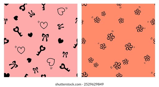 Nahtlose Muster mit Herz, Schleife, Schlüssel und süßer Blume auf rosafarbenem und orangefarbenem Hintergrund, Vektor. 