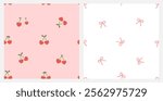 Seamless patterns of heart shape cherry fruit with green leaves and ribbon bows on pink and white backgrounds vector.