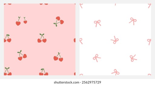 Seamless patterns of heart shape cherry fruit with green leaves and ribbon bows on pink and white backgrounds vector.