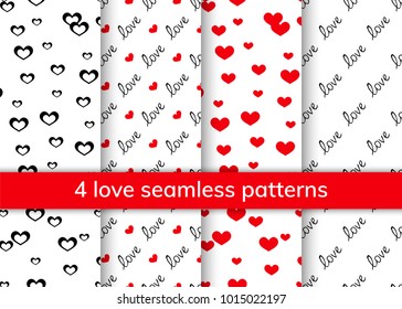 Seamless patterns with hearts. Collection of 4 patterns for St. Valentine's Day. Hand drawn text love. Romantic set with a white background. Vector illustration