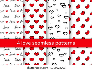 Seamless patterns with hearts. Collection of 4 patterns for St. Valentine's Day. Hand drawn text love. Romantic set with a white background. Vector illustration