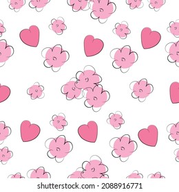 Seamless patterns with hearts and flowers. Valentine's Day. Suitable for fabric, wallpaper, background, paper. Vector graphics. 