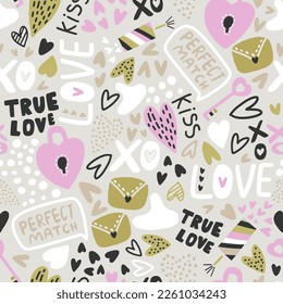 Seamless patterns with hearts, love lettering quotes and messages. Wedding and Valentines day texture. Vector illustration