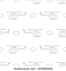 Seamless patterns. Helicopter with doodle clouds isolated on white background. Vector illustration.