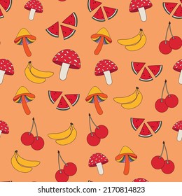 Seamless patterns in the hippie style. A pattern with Fuits, banana, watermelon, pineapple, cherry and sychedelic mushrooms. Vector illustration of retro patterns of the 70s