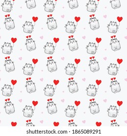 Seamless patterns. Holiday and cute cats with a red balloon and heart-shaped horns on a white background with pink hearts. Vector. line drawing. For holidays and valentines