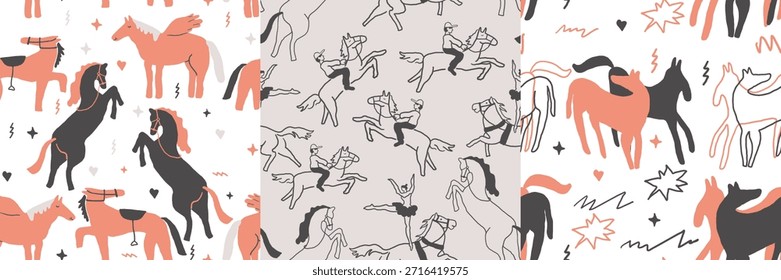 seamless patterns with horses in hand drawn style. Element for decoration design mail posts postcards poster print invitation background backdrop wrapping wallpaper banner textile