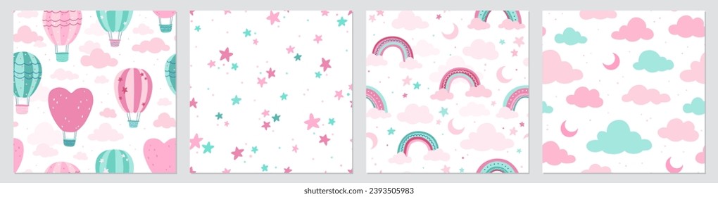 Patrones sin foco con globos de aire caliente, nubes, arcos, estrellas y luna. Conjunto de vectores. Textura dibujada a mano para impresión, textil, tela, embalaje.