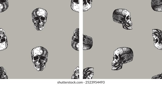 Seamless patterns of human skulls sketches, realistic hand drawings, backgrounds, wallpaper, paper, textile, vector illustration