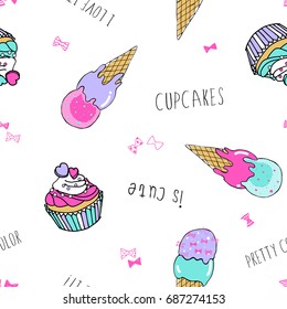 Seamless patterns of ice cream and cupcakes, for children.