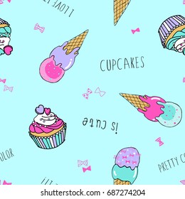 Seamless patterns of ice cream and cupcakes, for children.
