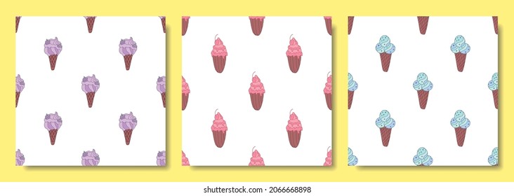 Seamless patterns ice cream on white. Pattern ice cream colored in doodle style. Hand-drawn sweet summer dessert. Background for textiles, fabric, cases, bedding, bed sheets, print clothes.cute sketch