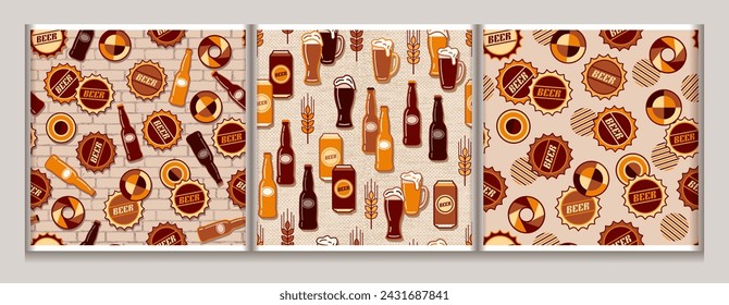 Seamless patterns with icons of beer bottle, cans, beer drink glasses, bottle caps, circular geometric shapes. Textured background. Good for branding, decoration of beer package. Simple flat style