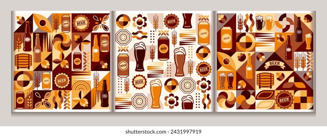 Seamless patterns with icons of beer cans, barrel, glasses, bottle cap, geometric abstract shapes. Simple flat style. Good for branding, decoration of beer package, cover design, decorative print.