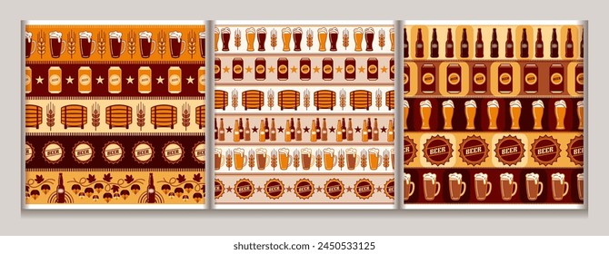 Seamless patterns with icons of beer cans, barrel, glasses, bottle cap. Geometric simple flat style. Good for branding, decoration of beer package, cover design, decorative print.