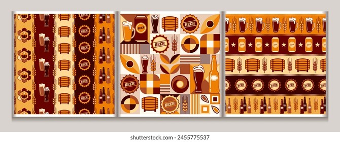 Seamless patterns with icons of beer cans, barrel, glasses, bottle cap. Geometric simple flat style. Good for branding, decoration of beer package, cover design, decorative print.