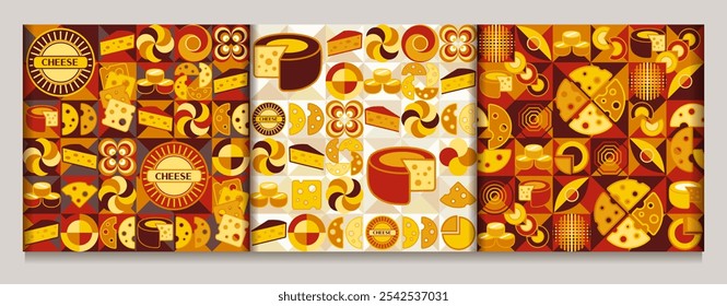 Padrões sem costura com ícones de queijo, formas abstratas em estilo simples geométrico plano. Fundo do mosaico. Para marcas, decoração de embalagens de alimentos, impressões de cozinha têxtil