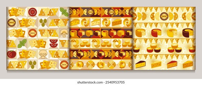 Seamless patterns with icons of Cheese slices, Cheese wheels. Objects arranged horizontally in a row. Flat simple geometric style. For branding, food packaging, prints
