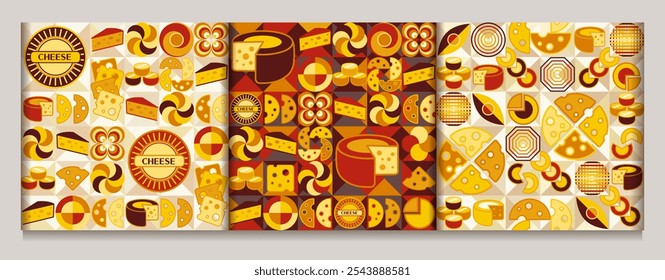 Seamless patterns with icons of Cheese, text, abstract shapes in flat simple geometric style. Mosaic background. For branding, decoration of food packaging, textile kitchen prints