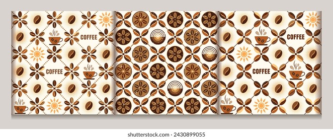Patrones sin costuras con iconos de granos de café, tazas de café, sol, texto, formas geométricas en cuadrícula diagonal. Estilo retro simple. Para la marca, decoración del paquete de alimentos, textil de cocina