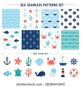 Seamless patterns and icons featuring sea creatures and ocean elements