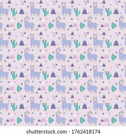 seamless patterns with illustrations of llama and cactus. alpaca textile fabric, purple llama Vector background